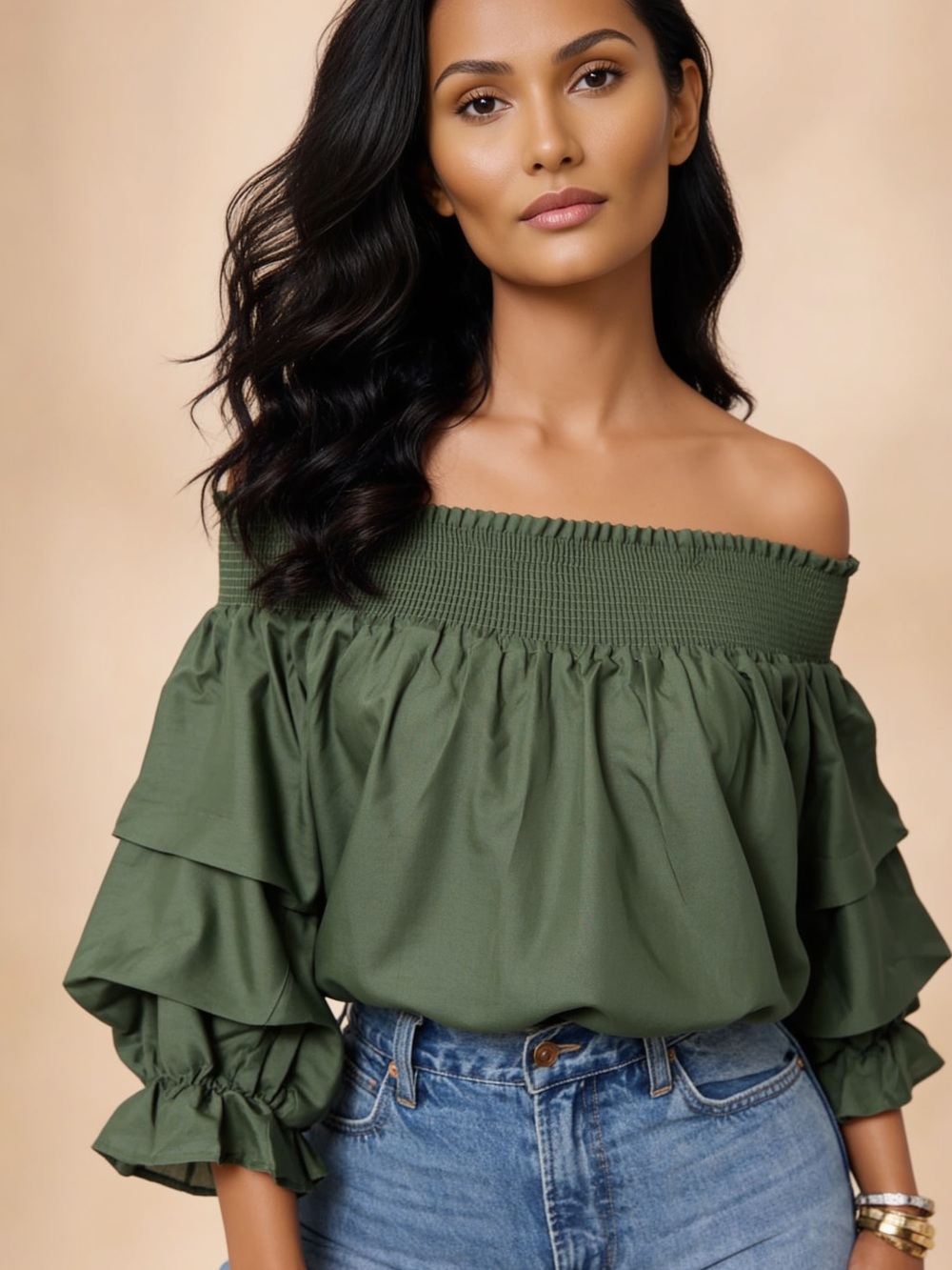 Women’s Olive Green Peasant Blouse with Ruffle Cuffs